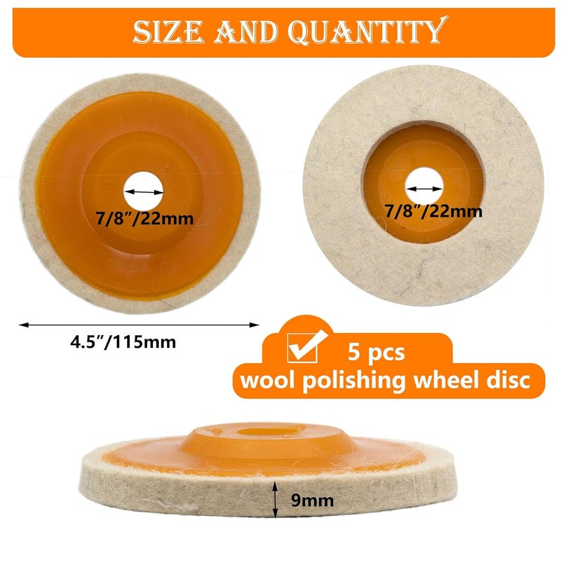 Tworider 5 Pcs 4.5 Inch Wool Felt Polishing Wheel Disc,Wool Polishing Wheel Disc for 7/8 Inch Angle Grinder, for Metal Aluminum,Stainless Steel, Chrome, Jewelry, Wood, Plastic, Ceramic, Glass - Image 2